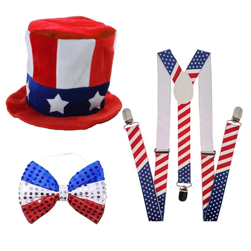 Independance Day Costume Uncle-Sam Accessories Top Hat Sequins Hat Headband Necklaces Stockings for Women & Men