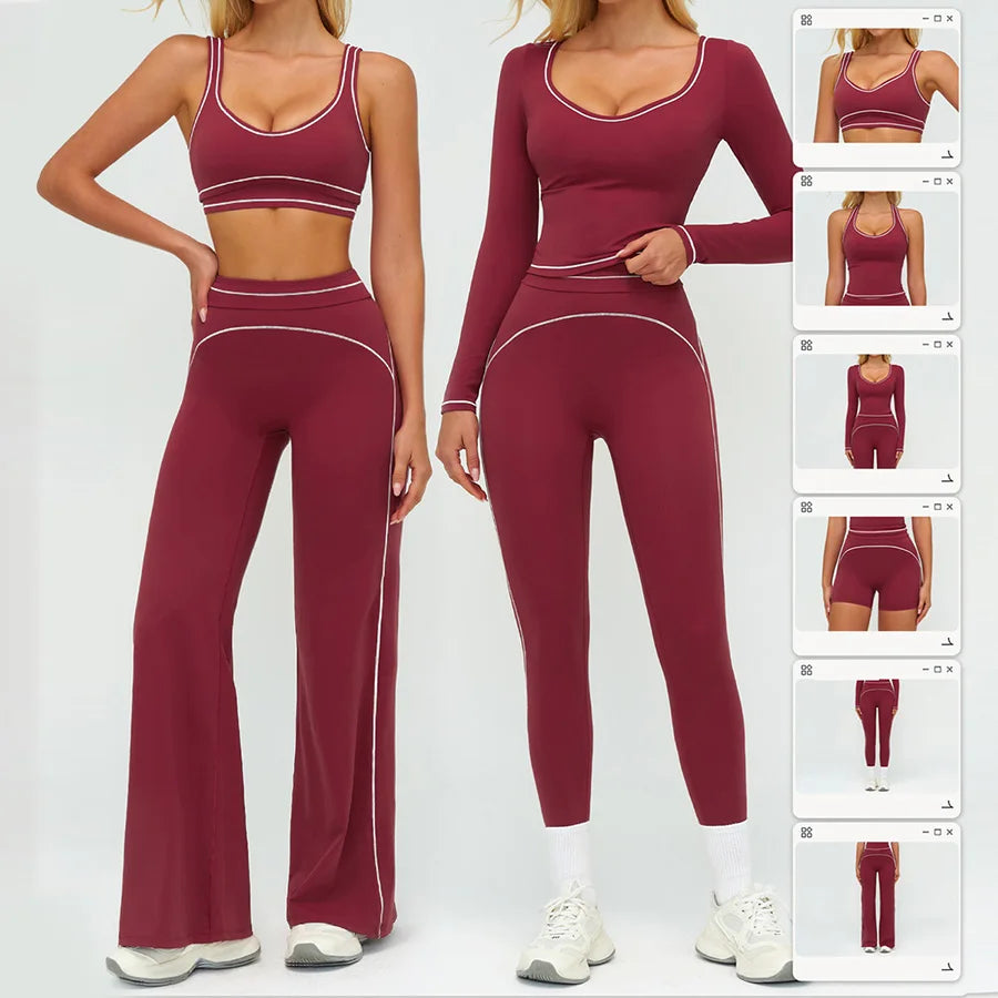 Women Yoga Set Tracksuit Sportswear Workout Athletic Wear Gym Vest Shorts Legging Fitness Bra Crop Top Long Sleeve Sports Suits