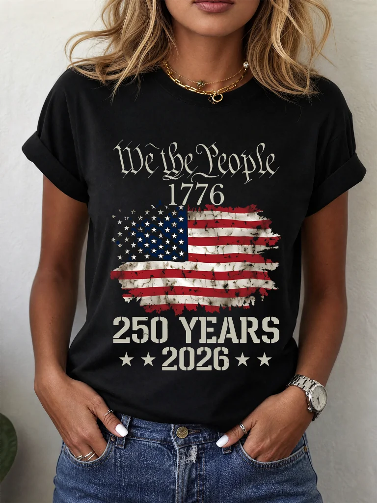 ilstile Women's We The People 1776 T-Shirt 250th Anniversary 1776-2026 American Flag Patriotic 4th of July Casual Tops