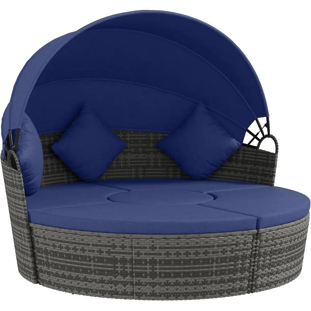 Round Rattan Daybed Patio Furniture Set, 4-Piece Outdoor Sectional Sofa with Adjustable Sunshade, Extending Table, 2 Chairs, Ott