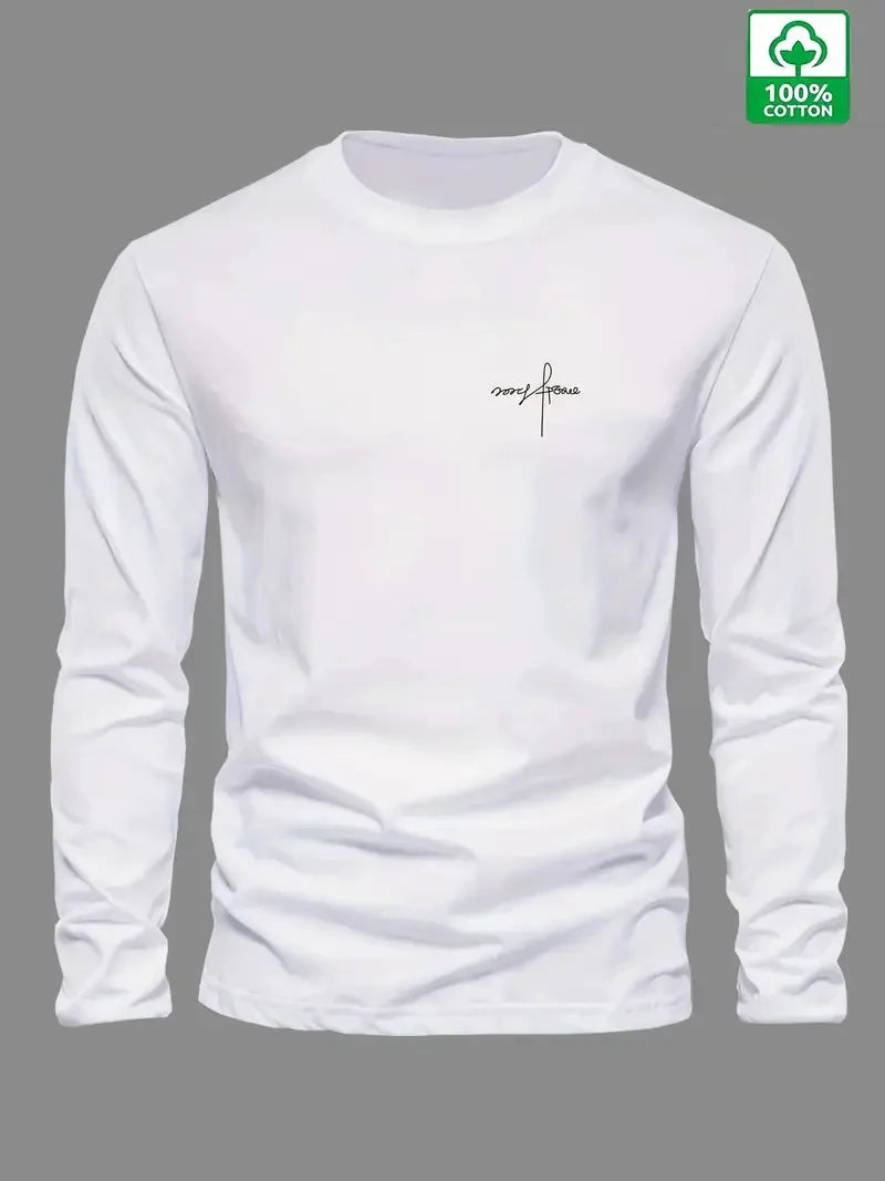 Men's 100% pure cotton loose and comfortable sports and leisure letter printed round neck long sleeved T-shirt top