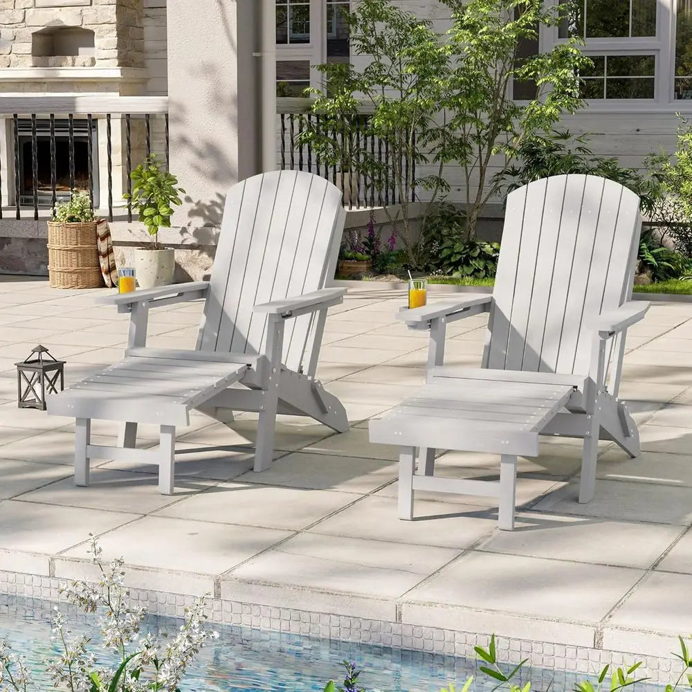 3-Position Adjustable Folding Adirondack Chair Set with Retractable Ottoman, Weather-Resistant Patio Furniture for 2, Including