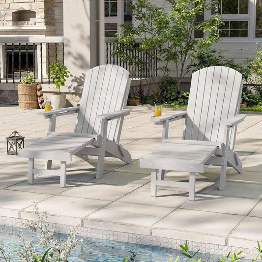 3-Position Adjustable Folding Adirondack Chair Set with Retractable Ottoman, Weather-Resistant Patio Furniture for 2, Including