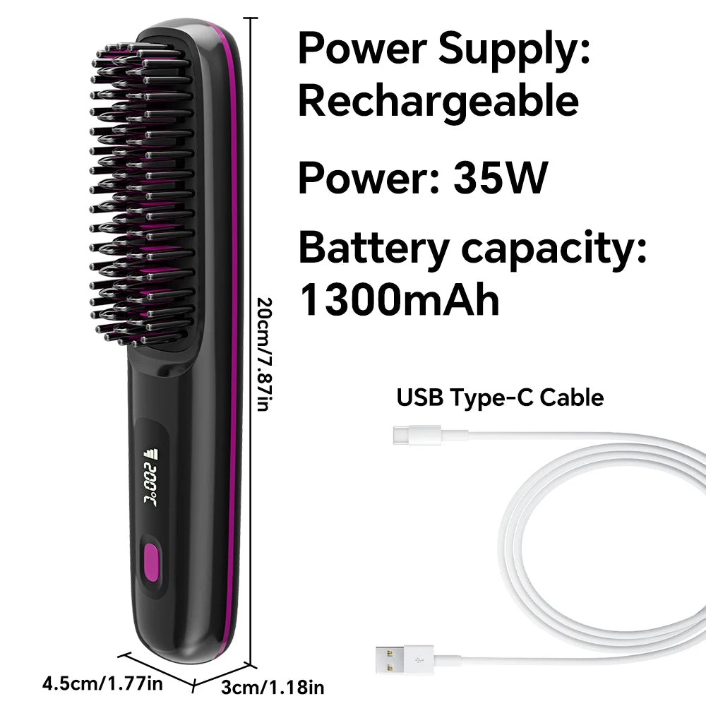 Hair Straightener Brush with 3 Temp Settings, Fast Heating & Auto-off, Portable Rechargeable Ionic Straightening Comb for Women
