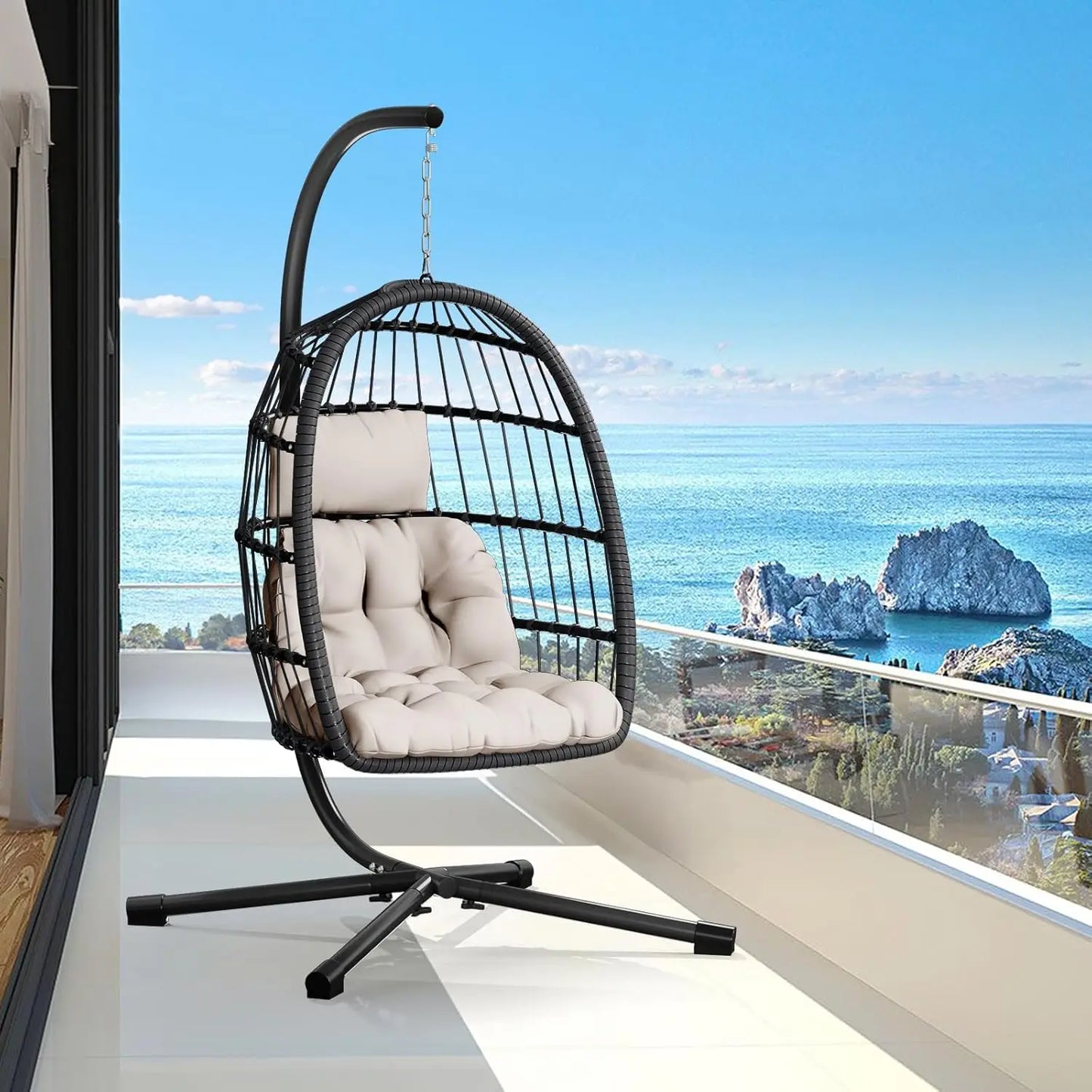 Double Egg Swing Chair with Stand - 2 Person Outdoor Patio Hanging Wicker Hammock Chair with Cushion, Customized