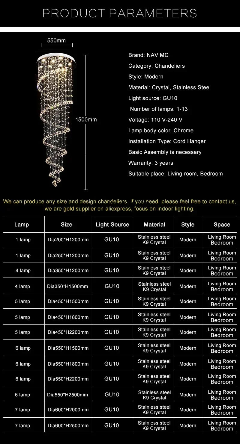 Modern Large K9 Crystal LED Chandeliers for Spiral Living Room Staircase Lamp Showcase Bedroom Kitchen Pendant Light Fixture