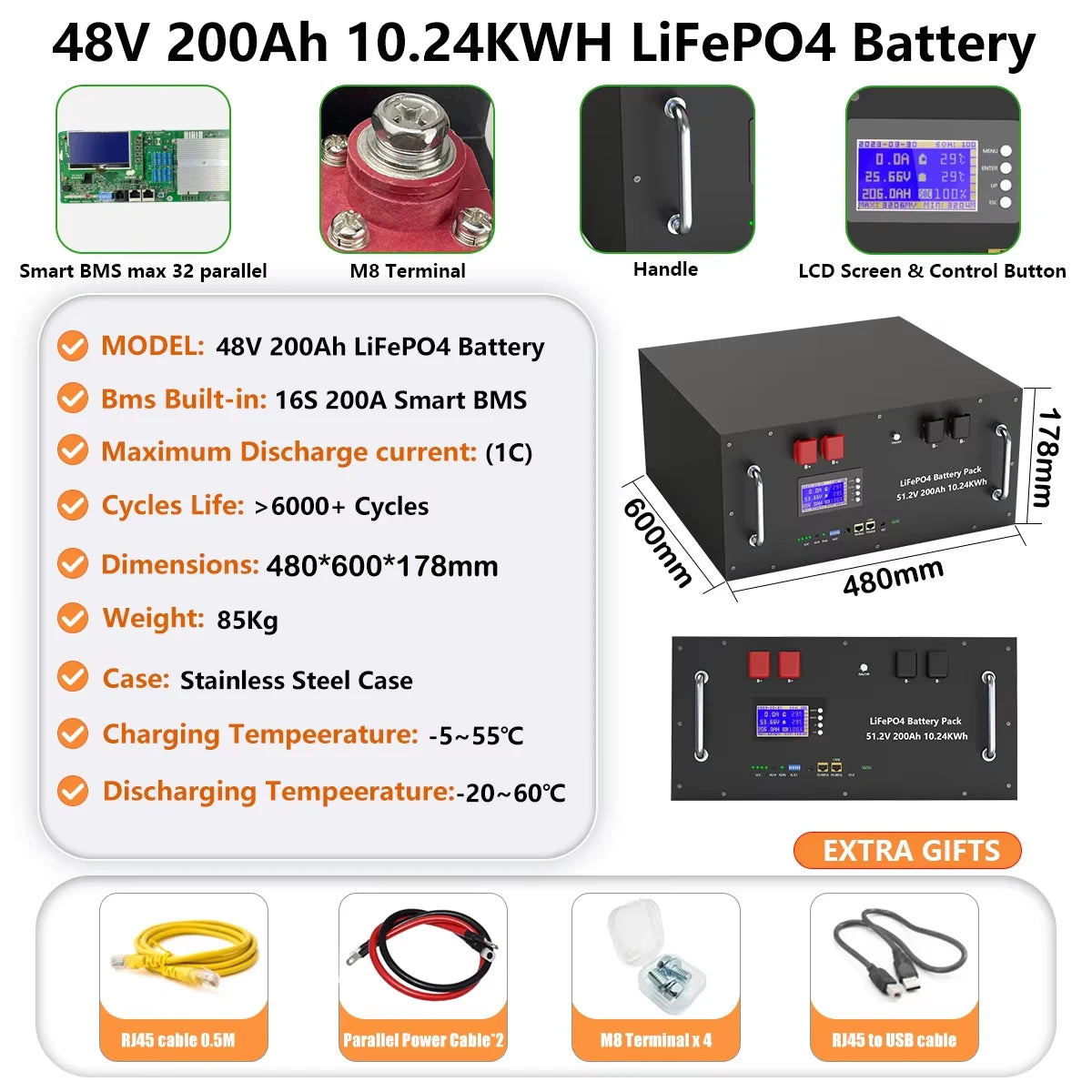 LiFePO4 48V 300AH 15Kwh Battery 51.2V 100AH 150AH 200AH Lithium Solar Home Battery 6000+ Cycles For Home Energy Storage EU Stock