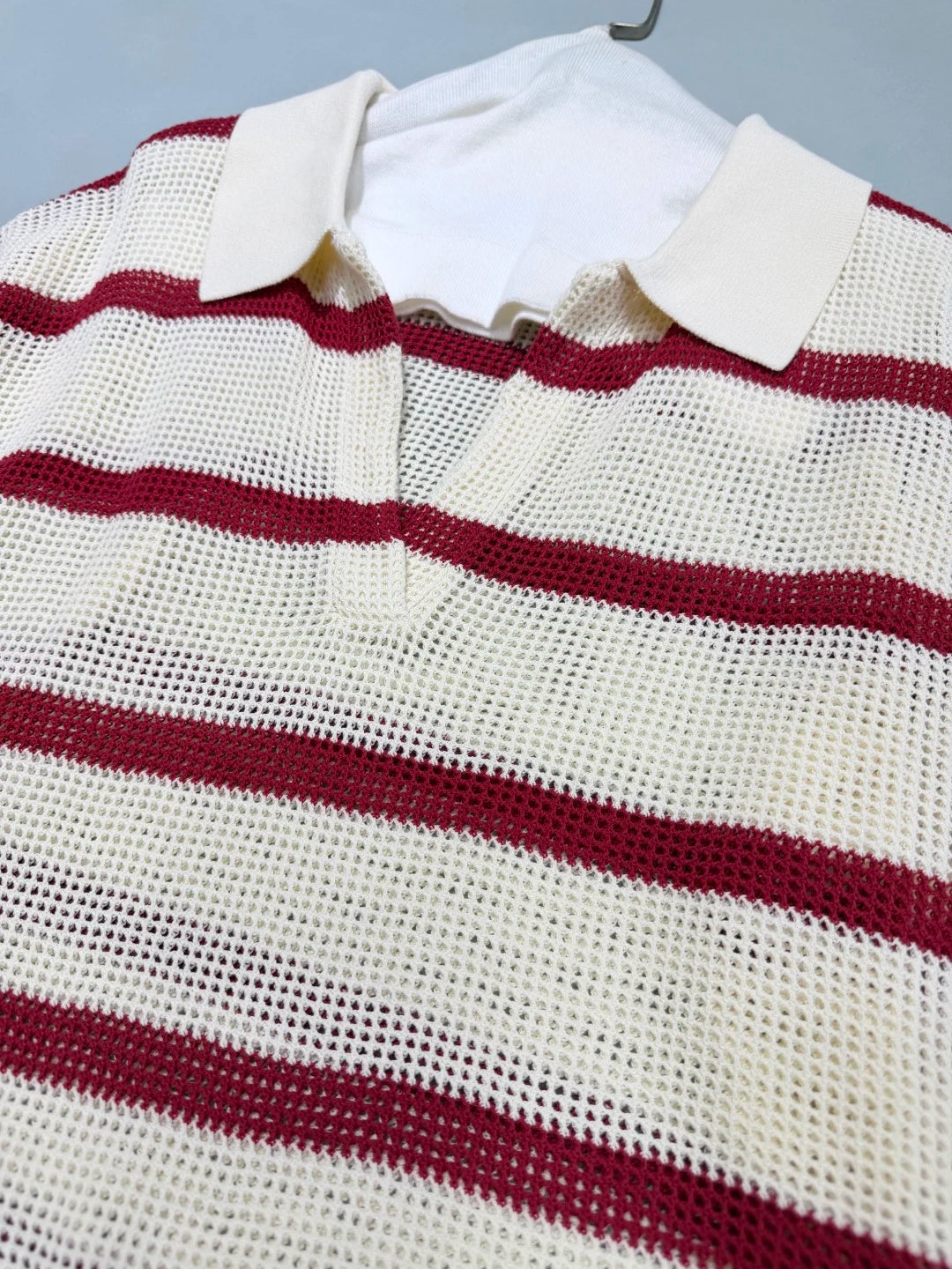 2026 Summer Women's Casual Striped Two-Piece Knit Set — Loose-Fit, Versatile Outfit featuring a Collared, Open-Work Design