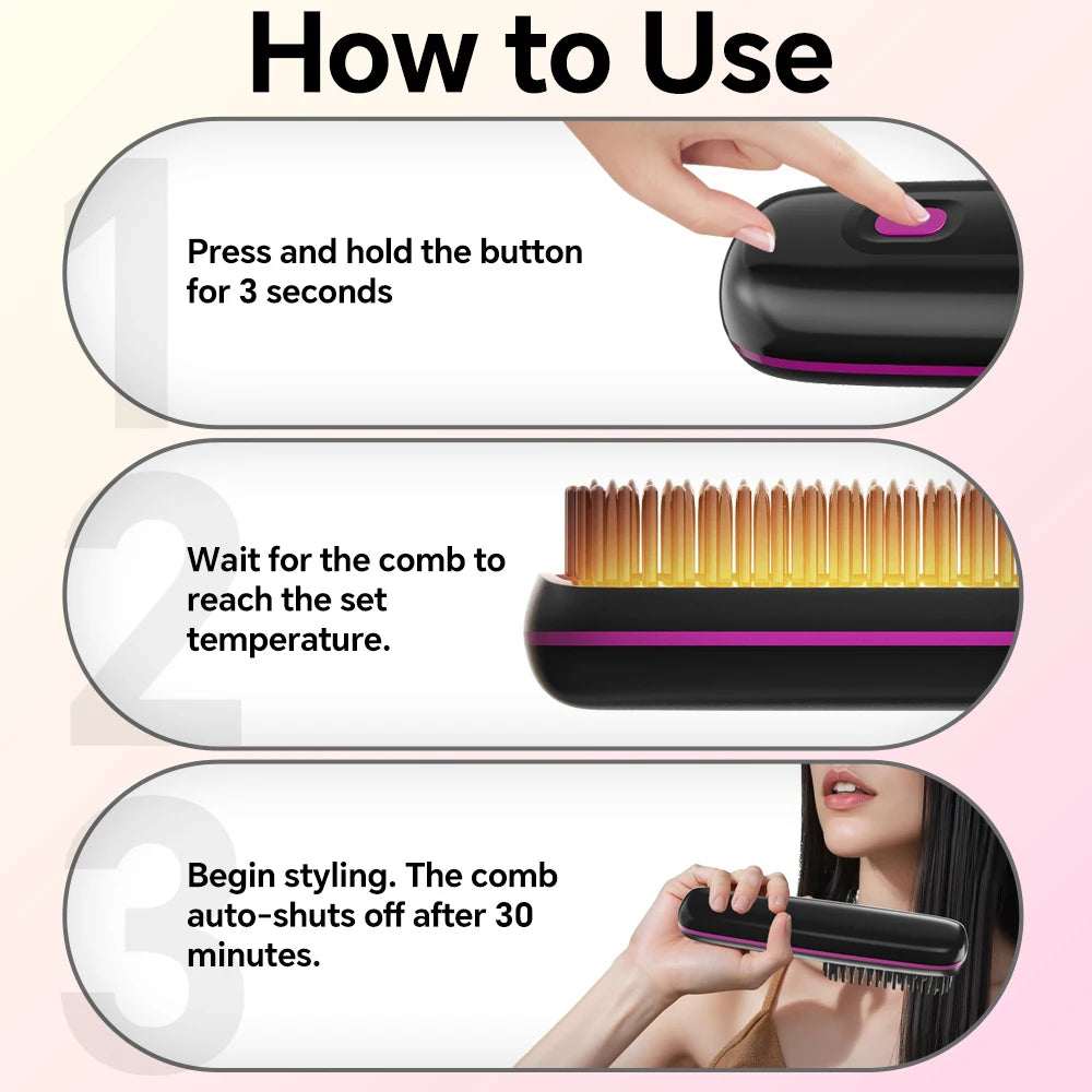 Hair Straightener Brush with 3 Temp Settings, Fast Heating & Auto-off, Portable Rechargeable Ionic Straightening Comb for Women