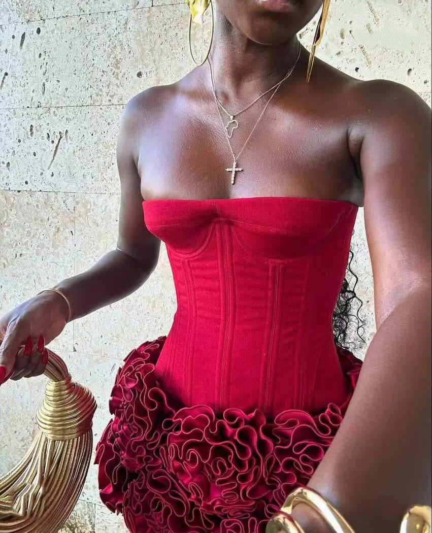 Sexy Sleeveless Strapless Fish Bone Tube Top 3D Flowers Mini Skirt 2 Piece Set Women Summer Elegant Birthday Party Evening Suit