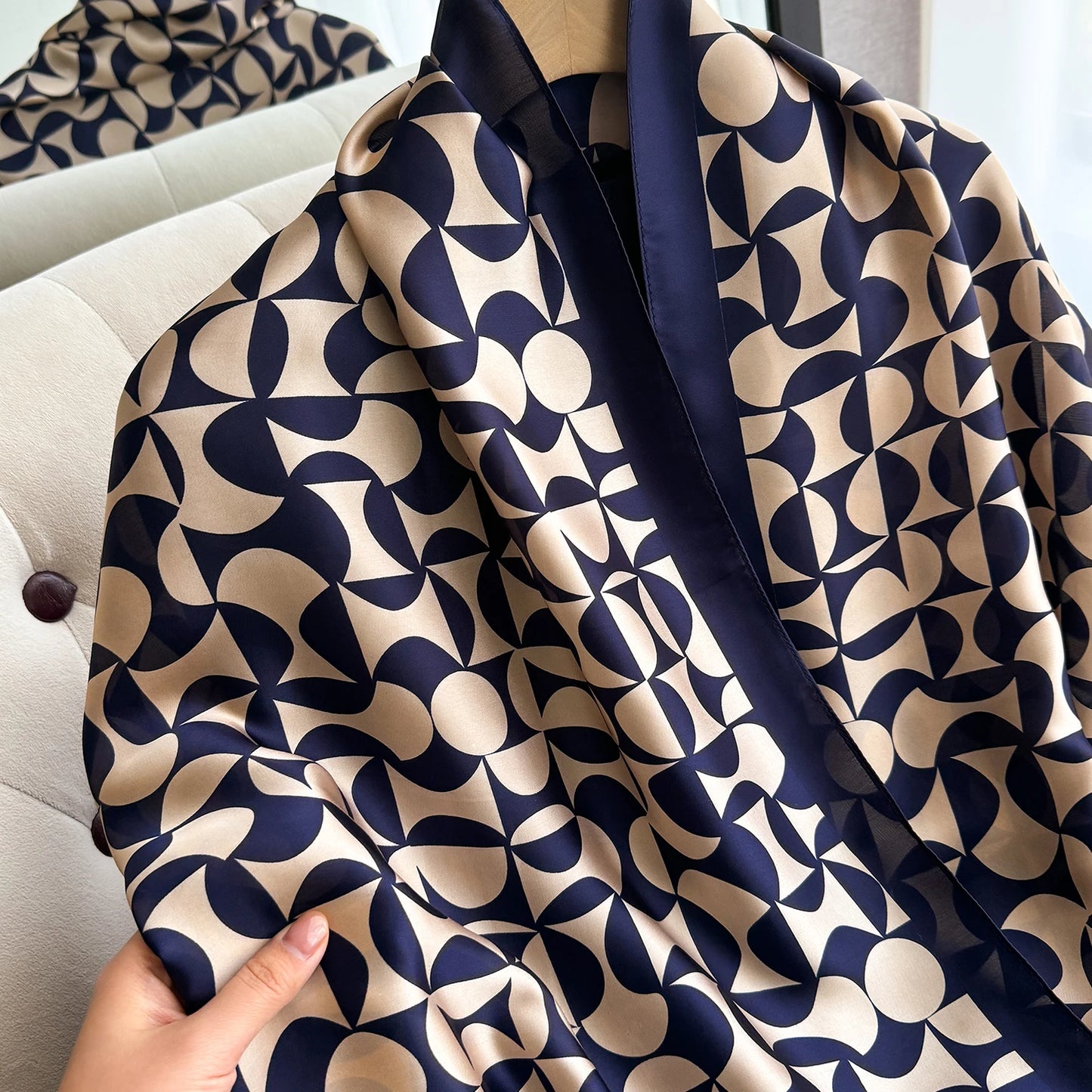 New Geometry Design Large Silk Soft Scarf Women Stylish Print Long Shawl Handkerchief Summer Sun protection Elegant Travel Wrap