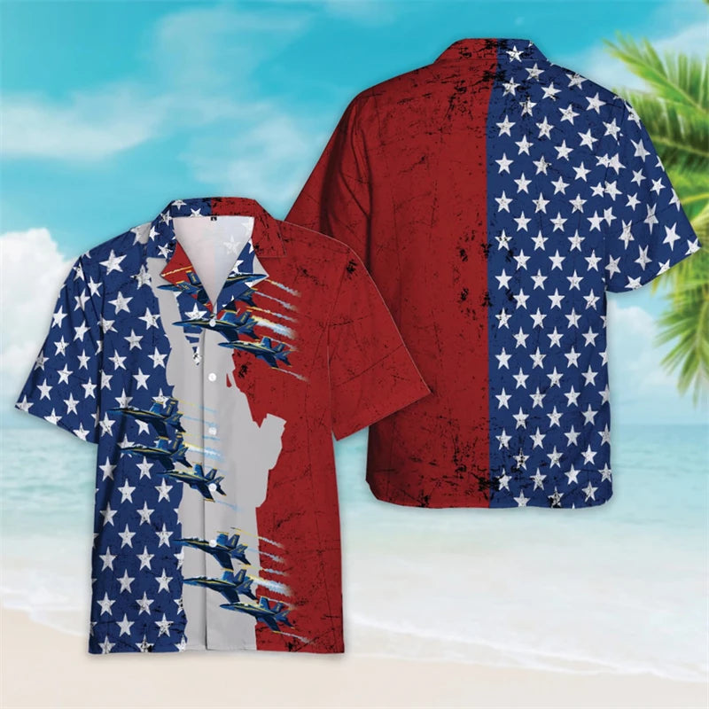 4th Of July Shirts For Men Clothes USA Flag Lapel Blouse Patriotic Hawaii Button Clothes  American Independence Day Short Sleeve