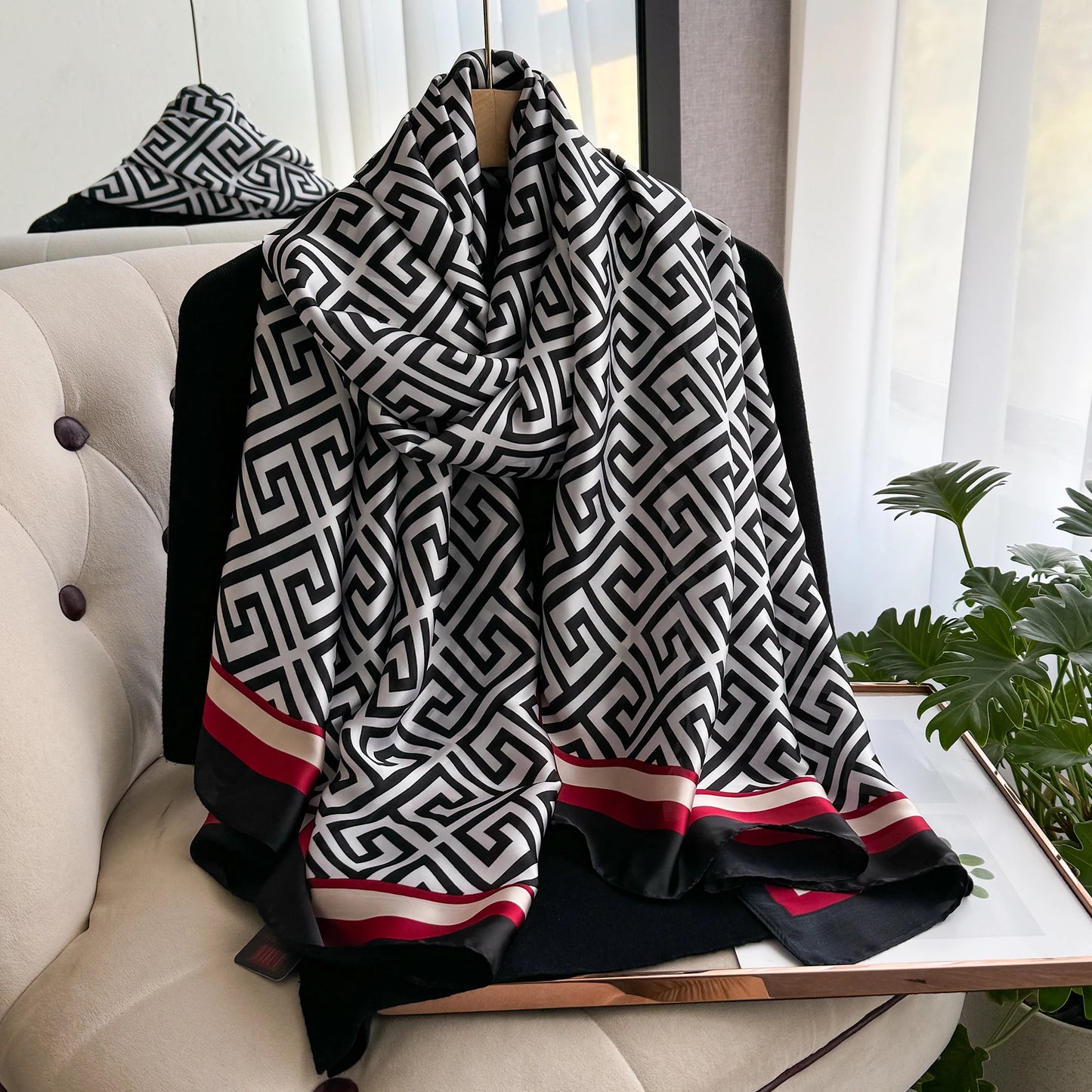 New Geometry Design Large Silk Soft Scarf Women Stylish Print Long Shawl Handkerchief Summer Sun protection Elegant Travel Wrap