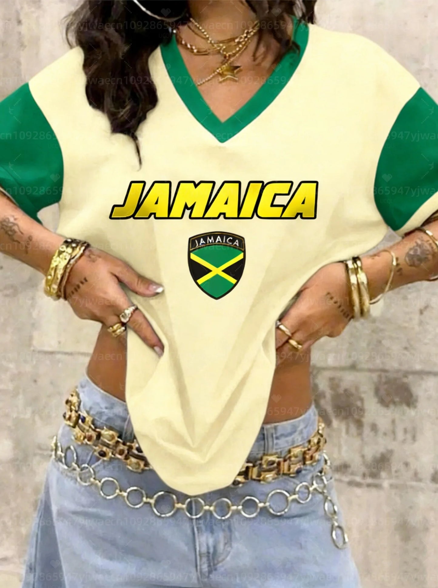 26 Women Summer Jamaican Flag Graphic Print V-Neck Short Sleeve T-Shirt Men Women Tops Retro Street Ladies Sport Plus Size Tops