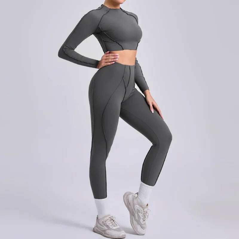 Seamless Yoga Sets Sports Fitness Hip-lifting High Waist Skinny Long-sleeved Suit Running Workout Gym Leggings Sets for Women