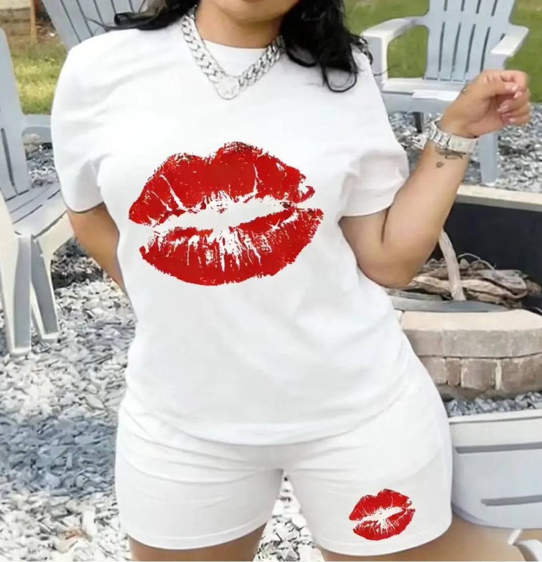 Women's 2-Piece Pajama Set Summer Short Sleeve T-Shirt & Shorts Red Lip Print Soft Cotton Loungewear Sleepwear S-XXL